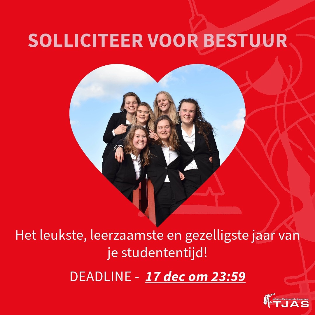 ⛸️ SOLLICITEER VOOR BESTUUR ⛸️
Voor de twijfelaars of als je de deadline hebt gemist: je kan nu tot 17 december solliciteren voor bestuur bij Tjas! Als er iets is wat je tegen houdt, vraag het aan iemand van bestuur of een oud-bestuurslid.
Als je andere vragen hebt, vooral appen/bellen/vragen/aanspreken! ❤️